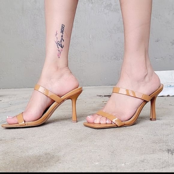 Women Tan Double Strap Mule Heels Sandals - Picture 3 of 6